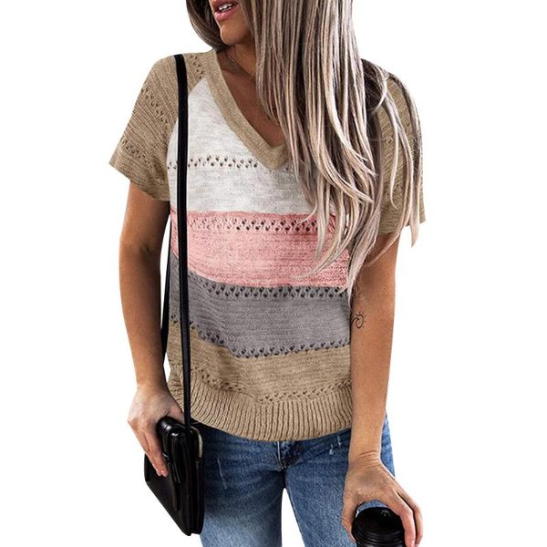 women's t-shirt knitted female casual patchwork loose tunic summer short sleeve v neck hollow out women contrast color d30, White
women's t-shirt knitted female casual patchwork loose tunic summer short sleeve v neck hollow out women contrast color d30, White