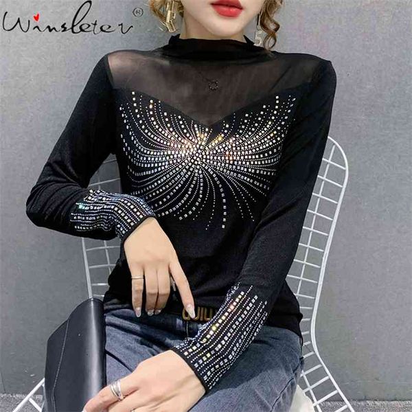 black tshirt women half turtleneck mesh patchwork transparent diamonds casual t-shirt slim stretchy long sleeve t0d505a 210421, White
black tshirt women half turtleneck mesh patchwork transparent diamonds casual t-shirt slim stretchy long sleeve t0d505a 210421, White