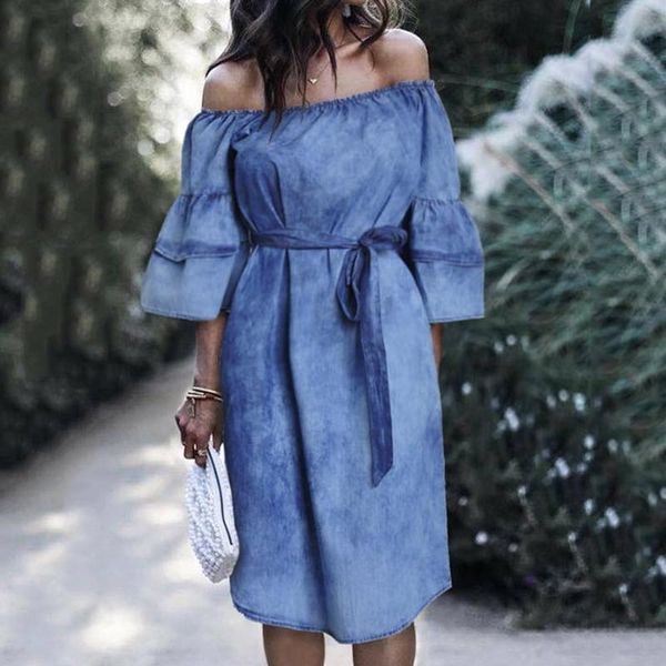 casual dresses summer slash neck denim dress midi lace up women three quarter sleeve off shoulde holiday party female 2021 vestidos, Black;gray
casual dresses summer slash neck denim dress midi lace up women three quarter sleeve off shoulde holiday party female 2021 vestidos, Black;gray