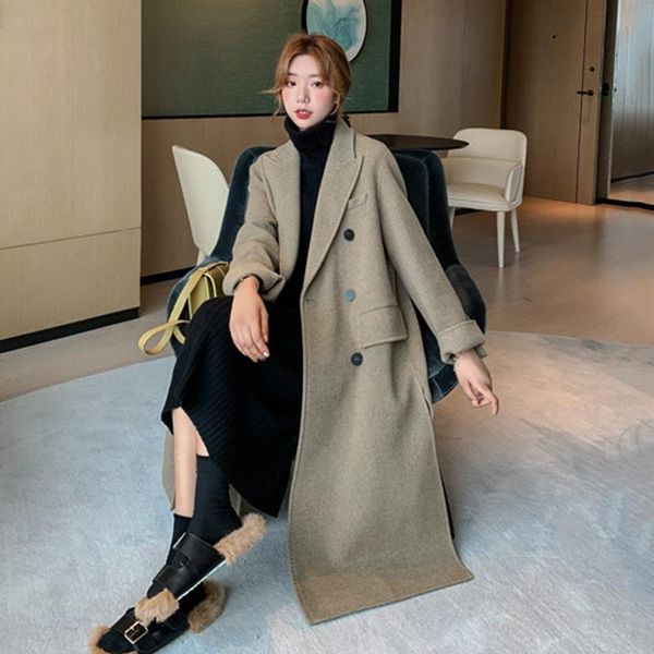 women's wool & blends korean autumn winter office lady loose long coats double breasted blend coat turn-down collar jacket overcoats, Black
women's wool & blends korean autumn winter office lady loose long coats double breasted blend coat turn-down collar jacket overcoats, Black