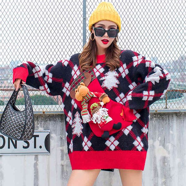 sweaters european station retro cocoon pullover female loose lazy style heavy industry patch christmas stripe outer wear, White;black
sweaters european station retro cocoon pullover female loose lazy style heavy industry patch christmas stripe outer wear, White;black