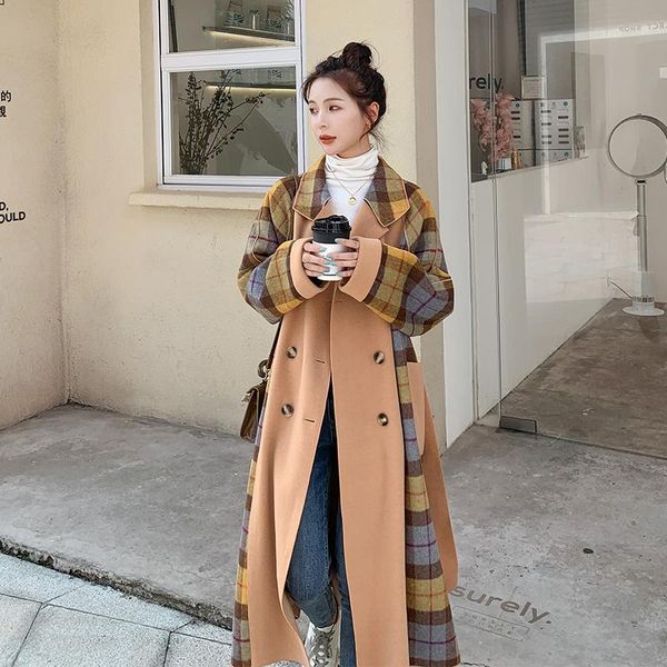 women's wool & blends winter women fashion splice plaid long coat double breasted belted plus size trench jacket elegant korean windbre, Black
women's wool & blends winter women fashion splice plaid long coat double breasted belted plus size trench jacket elegant korean windbre, Black