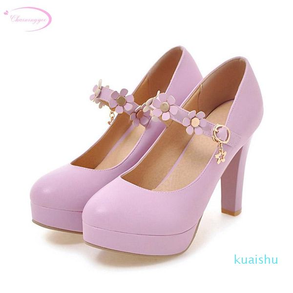 chainingyee party style round toe pumps rivets flower belt buckle platform pink purple white black high-heeled women's shoes