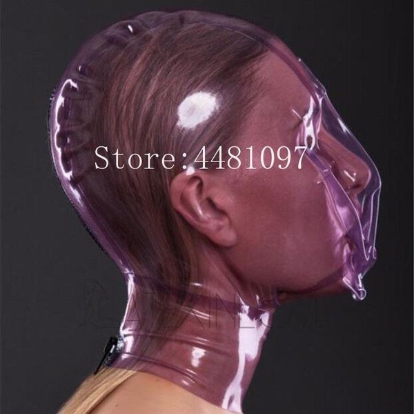 party masks handmade women female exotic transparent purple latex full breath hole hoods mask cekc lingerie uniform