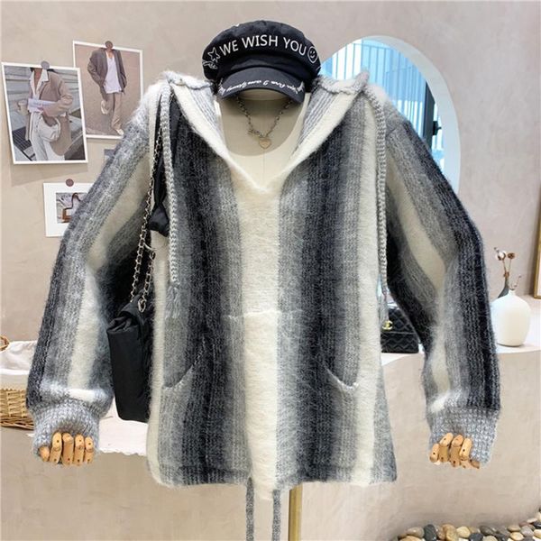 women's sweaters 2021 retro stripes hooded spring sweater fashion thick warm large size long sleeve knitted pullovers, White;black
women's sweaters 2021 retro stripes hooded spring sweater fashion thick warm large size long sleeve knitted pullovers, White;black