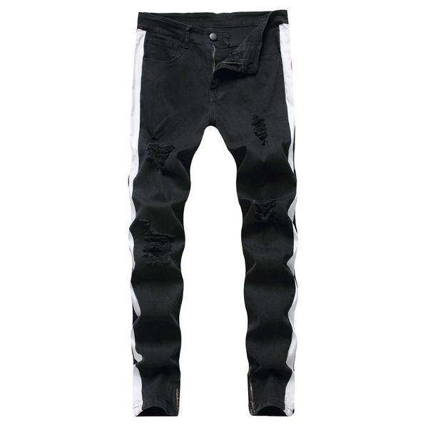 men's jeans white lines patchwork stretch denim streetwear zipper holes ripped pants slim trousers, Blue
men's jeans white lines patchwork stretch denim streetwear zipper holes ripped pants slim trousers, Blue