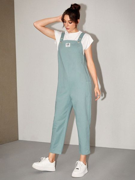 patch detail suspender jumpsuit 16kk#, White