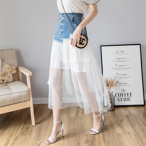 skirts 2021 design women's high waist denim jeans patchwork gauze a-line personality maxi long summer skirt s m l xl, Black
skirts 2021 design women's high waist denim jeans patchwork gauze a-line personality maxi long summer skirt s m l xl, Black