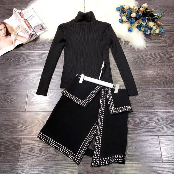 two piece dress women's set fashion show thin high collar black knitted rivet split waist skirt suit, White
two piece dress women's set fashion show thin high collar black knitted rivet split waist skirt suit, White