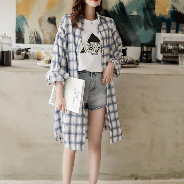 fashion summer long blouse sleeve female plaid shirt cotton vintage korean novelty streetwear women's blouses & shirts, White
fashion summer long blouse sleeve female plaid shirt cotton vintage korean novelty streetwear women's blouses & shirts, White