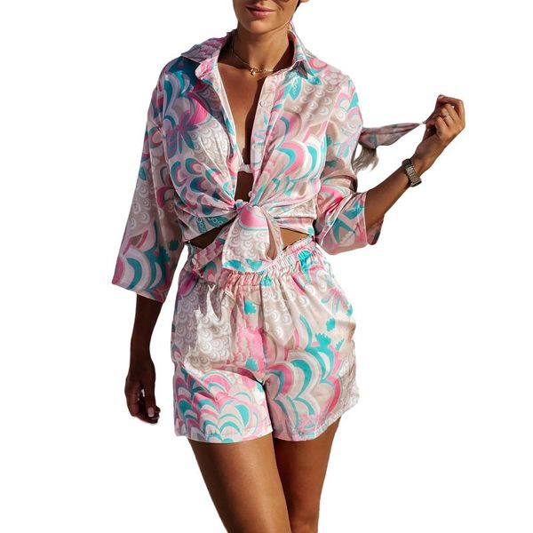 women's tracksuits 2021 button down long sleeve bow knot tied lapel shirt + high waist shorts with pocket suit 2 pcs women summer print, Gray
women's tracksuits 2021 button down long sleeve bow knot tied lapel shirt + high waist shorts with pocket suit 2 pcs women summer print, Gray
