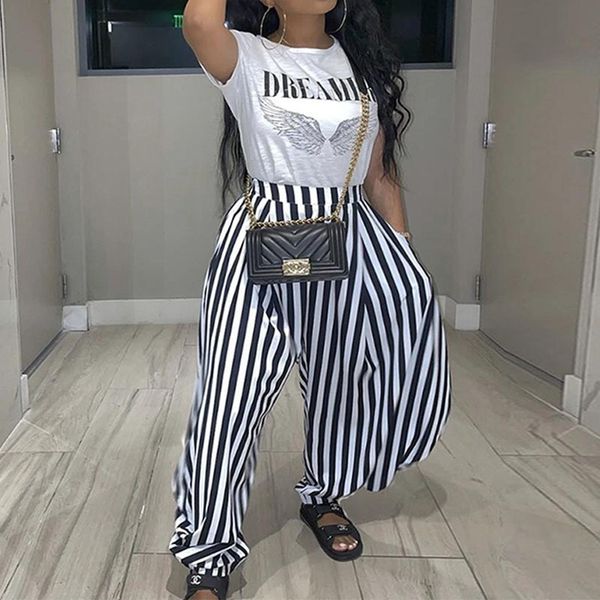 two piece casual pants suits letter printed o-neck short sleeve t shirt & striped loose pants set 210521, White
two piece casual pants suits letter printed o-neck short sleeve t shirt & striped loose pants set 210521, White