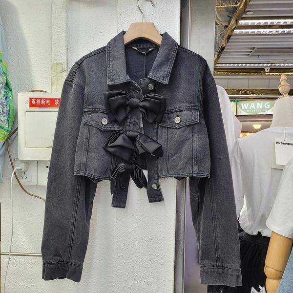 women's jackets vintage bow decoration short black denim jacket women lapel long sleeve spring autumn 2021 casual jeans female basic co, Black;brown
women's jackets vintage bow decoration short black denim jacket women lapel long sleeve spring autumn 2021 casual jeans female basic co, Black;brown