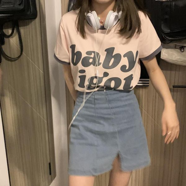 women's t-shirt color matching is super sweet~korean candy powder letters round neck short-sleeved women, White
women's t-shirt color matching is super sweet~korean candy powder letters round neck short-sleeved women, White