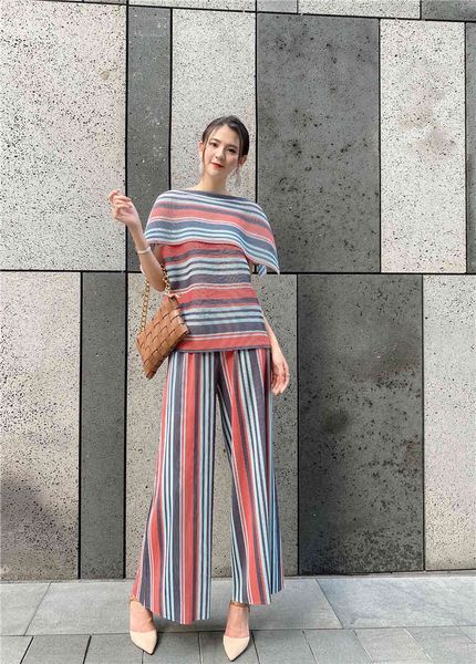 dresses fashionable stripe short sleeve fold t-shirt + straight wide leg pants siut, White