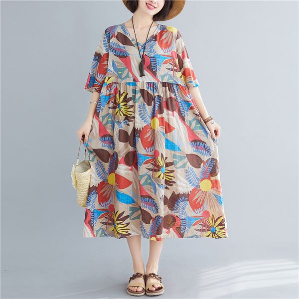 johnature women cotton linen dresses v-neck short sleeve robes summer print floral women clothing casual dresses 210521, Black;gray
johnature women cotton linen dresses v-neck short sleeve robes summer print floral women clothing casual dresses 210521, Black;gray
