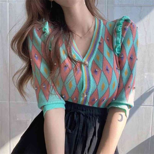 korea chic sweet v-neck contrast rhombic beading decorative design button slim short sleeve sweater cardigan women 210529, White
korea chic sweet v-neck contrast rhombic beading decorative design button slim short sleeve sweater cardigan women 210529, White