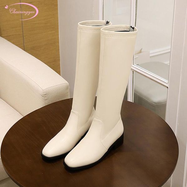 simple style round toe knee-high boots stripe color matching beige black zipper medium heel chunky riding boots women's shoes
simple style round toe knee-high boots stripe color matching beige black zipper medium heel chunky riding boots women's shoes