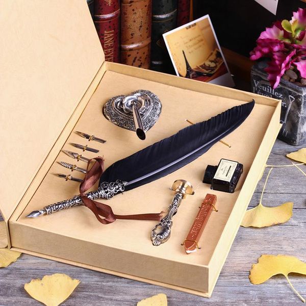 gift box vintage metal curved natural swan feather pen set with 5 nibs, stand, wax, name seal, quil fountain pens
gift box vintage metal curved natural swan feather pen set with 5 nibs, stand, wax, name seal, quil fountain pens