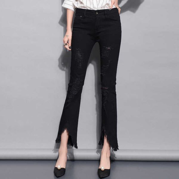hole micro black flared jeans women's capris korean elastic wide leg open hem pants, Blue
hole micro black flared jeans women's capris korean elastic wide leg open hem pants, Blue