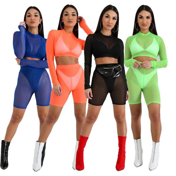 women's tracksuits summer solid color sunscreen mesh beach two-piece suit round neck full sleeve crop high waist sheath elastic shorts, Gray
women's tracksuits summer solid color sunscreen mesh beach two-piece suit round neck full sleeve crop high waist sheath elastic shorts, Gray