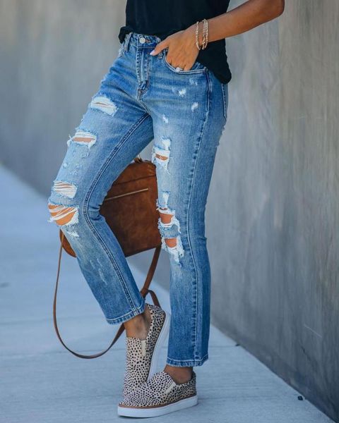 slim hole wash pants mid waist women's jeans, Blue
slim hole wash pants mid waist women's jeans, Blue