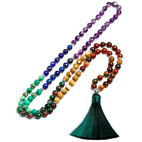 7 chakra mala 108 beads natural stone long tassel necklace women meditation necklace knotted bead yoga necklaces jewelry, Silver
7 chakra mala 108 beads natural stone long tassel necklace women meditation necklace knotted bead yoga necklaces jewelry, Silver