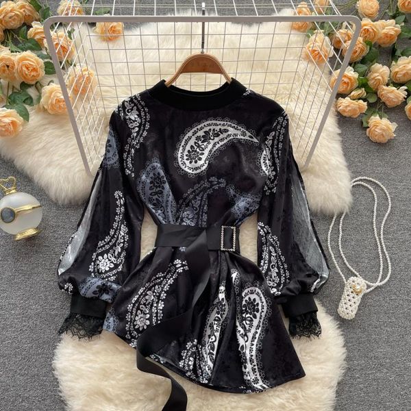 women's blouses & shirts french retro floral print women blouse fashion spring autumn lace spliced long sleeve belted irregular female, White
women's blouses & shirts french retro floral print women blouse fashion spring autumn lace spliced long sleeve belted irregular female, White