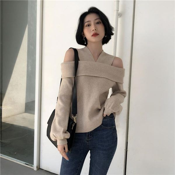 women's sweaters pullovers ladies hanging neck strapless collar design leaky clavicle light mature sweater female loose wear knitted, White;black
women's sweaters pullovers ladies hanging neck strapless collar design leaky clavicle light mature sweater female loose wear knitted, White;black