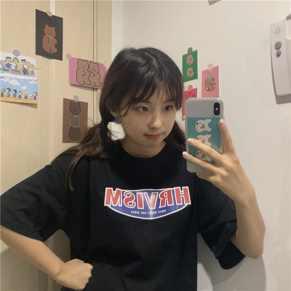 women's t-shirt summer retro letter printing mid-length loose short-sleeved casual all-match college style women, White
women's t-shirt summer retro letter printing mid-length loose short-sleeved casual all-match college style women, White