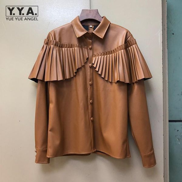 women's blouses & shirts vintage women pu leather shirt fashion design pleated ruffle button up long sleeve spring office ladies elegan, White
women's blouses & shirts vintage women pu leather shirt fashion design pleated ruffle button up long sleeve spring office ladies elegan, White
