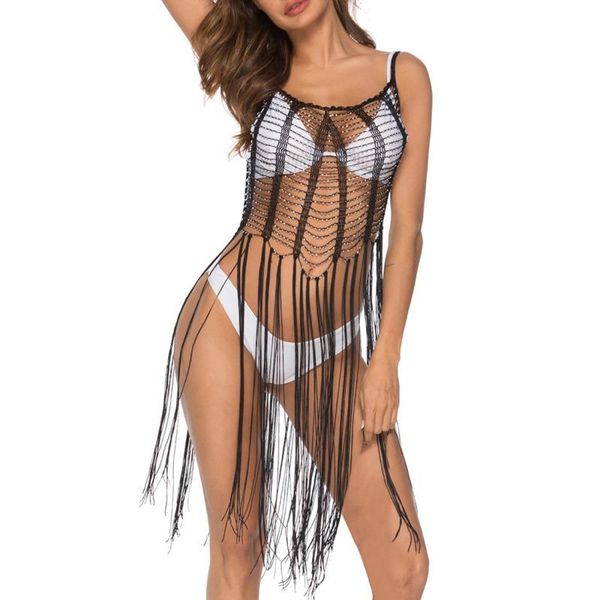 women girl beachwear solid color hollow out beach cover up tassel crochet dress women's swimwear, White;black
women girl beachwear solid color hollow out beach cover up tassel crochet dress women's swimwear, White;black