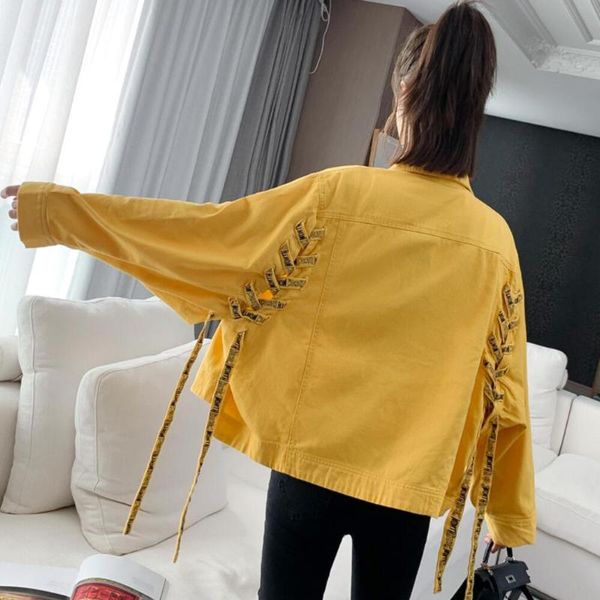 spring and autumn loose letter bandage jacket denim women's crop jackets, Black;brown
spring and autumn loose letter bandage jacket denim women's crop jackets, Black;brown