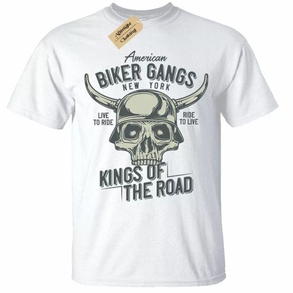 American Biker who gang's kings of the road t-shirt mens motorcycle skull rider, White;black
American Biker who gang's kings of the road t-shirt mens motorcycle skull rider, White;black