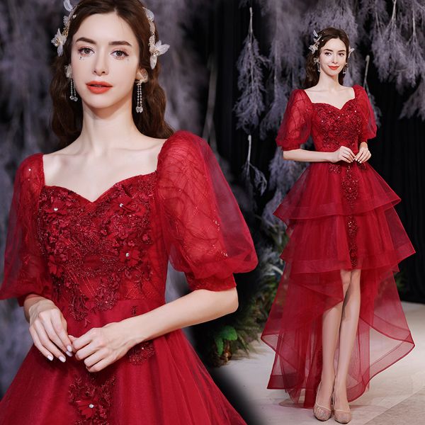 special design hi-lo red pageant dresses embroidery tulle puff sleeve tiered princess dress runway fashion square evening gowns, White;red
special design hi-lo red pageant dresses embroidery tulle puff sleeve tiered princess dress runway fashion square evening gowns, White;red