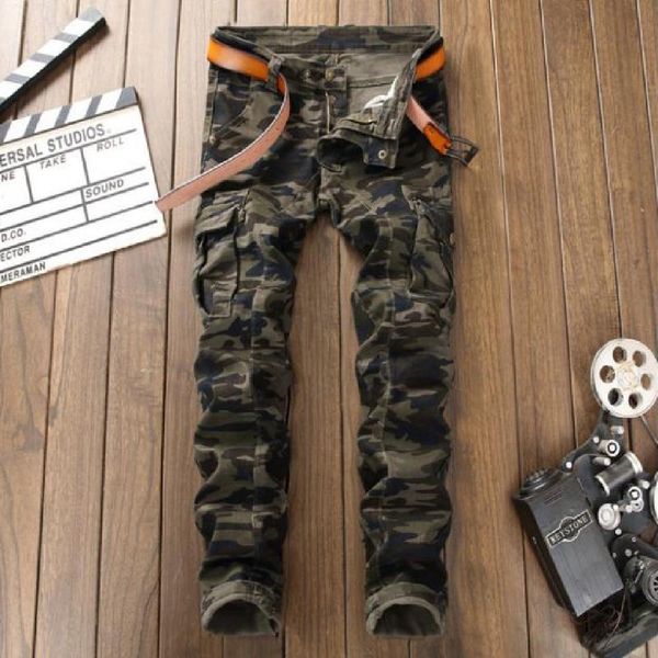 men's jeans camouflage fashion brand military style tight multi-pocket stitching small foot casual pants, Blue
men's jeans camouflage fashion brand military style tight multi-pocket stitching small foot casual pants, Blue