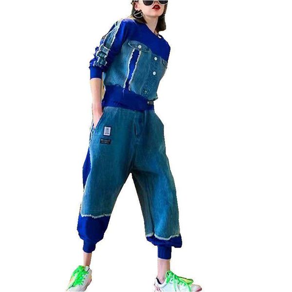 women's two piece pants 2021 spring autumn blue denim stitched sweater washed with rough edges and worn hem nine point harem set women, White
women's two piece pants 2021 spring autumn blue denim stitched sweater washed with rough edges and worn hem nine point harem set women, White