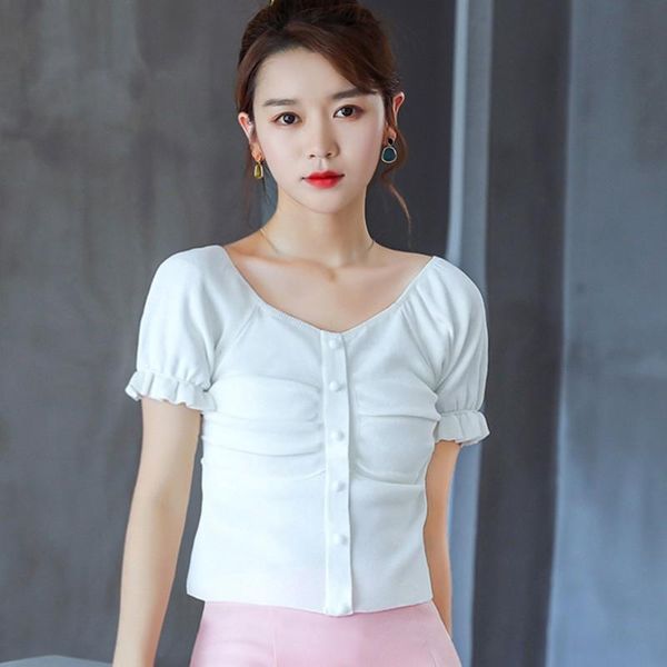 women's t-shirt pleated solid color slim wild button crop fashion casual knitted short sleeve t shirt, White
women's t-shirt pleated solid color slim wild button crop fashion casual knitted short sleeve t shirt, White
