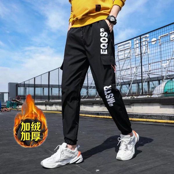 men's pants winter overalls male multi-pocket letter printing casual cropped trousers plus velvet thicken jogging training, Black
men's pants winter overalls male multi-pocket letter printing casual cropped trousers plus velvet thicken jogging training, Black