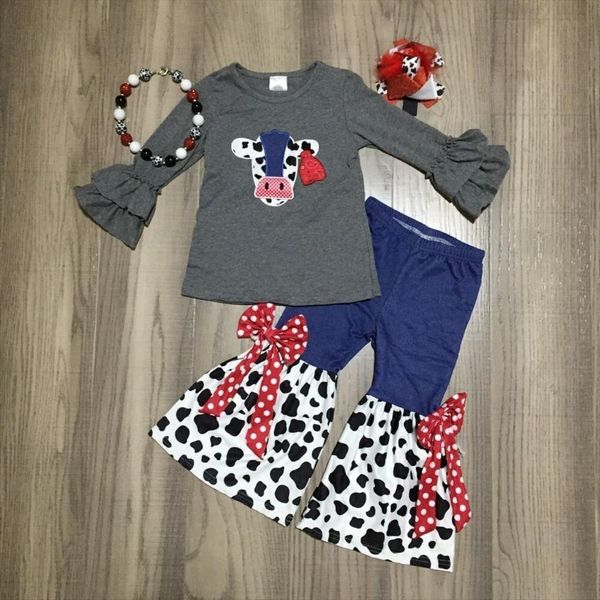 winter girls farm cow embroidered grey raglan milk bell bottom pants outfits with bow and necklace, White
winter girls farm cow embroidered grey raglan milk bell bottom pants outfits with bow and necklace, White