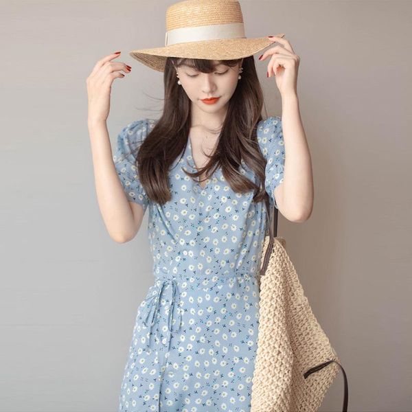 two piece dress summer french v-neck mid length floral bubble sleeve temperament tea break skirt long, White
two piece dress summer french v-neck mid length floral bubble sleeve temperament tea break skirt long, White