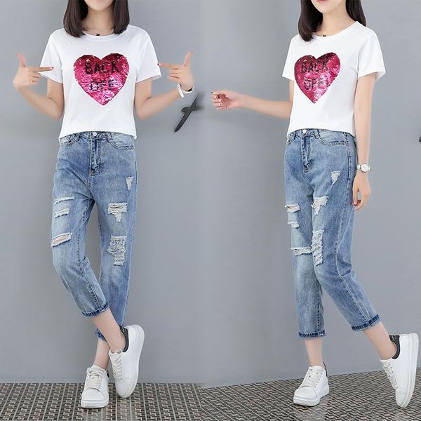 women's tracksuits women 2 piece set summer appliques sequined cotton tshirts+hole denim pants suit heart pattern sequins jeans clothin, Gray
women's tracksuits women 2 piece set summer appliques sequined cotton tshirts+hole denim pants suit heart pattern sequins jeans clothin, Gray