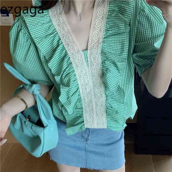 ezgaga women blouse vintage short puff sleeve plaid shirts summer v-neck tender lace sweet shirts fashion casual 210430, White
ezgaga women blouse vintage short puff sleeve plaid shirts summer v-neck tender lace sweet shirts fashion casual 210430, White