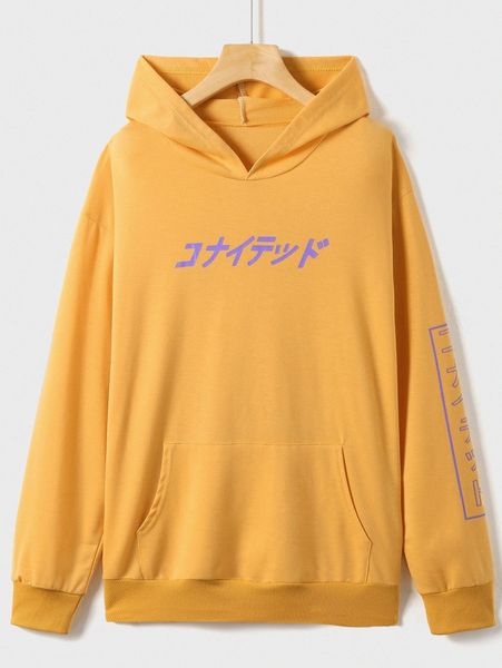 men japanese letter print hoodie e5ds#, Black 
men japanese letter print hoodie e5ds#, Black