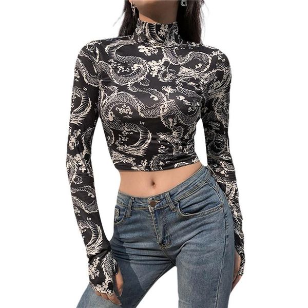 women's t-shirt dragon printed crop , long sleeve high collar short slim for spring and autumn, White
women's t-shirt dragon printed crop , long sleeve high collar short slim for spring and autumn, White