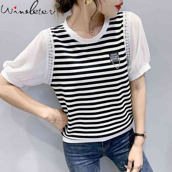 women's t-shirt summer korean clothes cotton loose chic stripe women spliced short sleeve crochet all match tees 2021 t1, White
women's t-shirt summer korean clothes cotton loose chic stripe women spliced short sleeve crochet all match tees 2021 t1, White