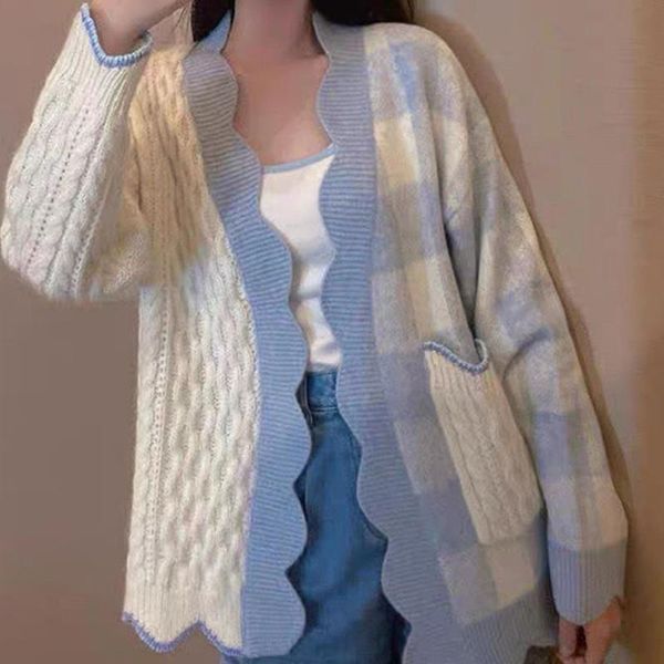 women's knits & tees 2021 autumn winter loose cardigan knit sweater plaid knitted warm sweet knitwear coat korean style long sleeve, White
women's knits & tees 2021 autumn winter loose cardigan knit sweater plaid knitted warm sweet knitwear coat korean style long sleeve, White