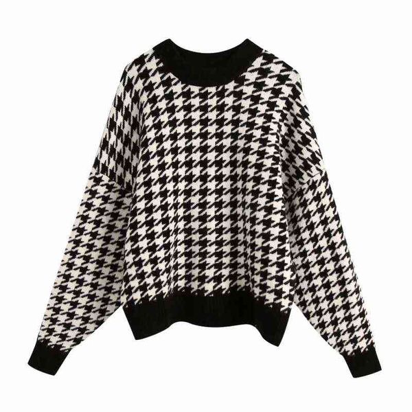 women houndstooth knitting loose sweater casual femme o-neck long sleeve pullover high street lady sw898 y1110, White;black
women houndstooth knitting loose sweater casual femme o-neck long sleeve pullover high street lady sw898 y1110, White;black