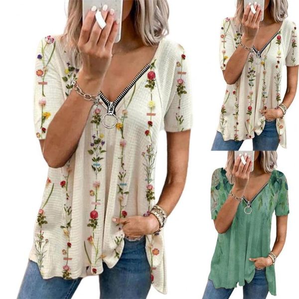 women's t-shirt summer women loose casual zipper v neck plus size t shirts flower print short sleeve tshirts daily wear, White
women's t-shirt summer women loose casual zipper v neck plus size t shirts flower print short sleeve tshirts daily wear, White