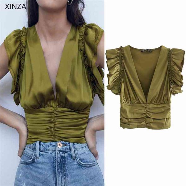 women crop ruffle za sleeveless v-neck vintage summer shirts back hidden zip female high street draped blouse 210401, White
women crop ruffle za sleeveless v-neck vintage summer shirts back hidden zip female high street draped blouse 210401, White
